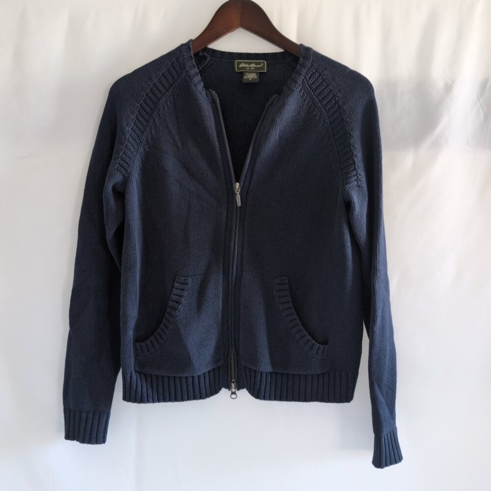 Eddie Bauer Women's Navy Zip Up Sweater Pockets Cableknit Midweight, Medium